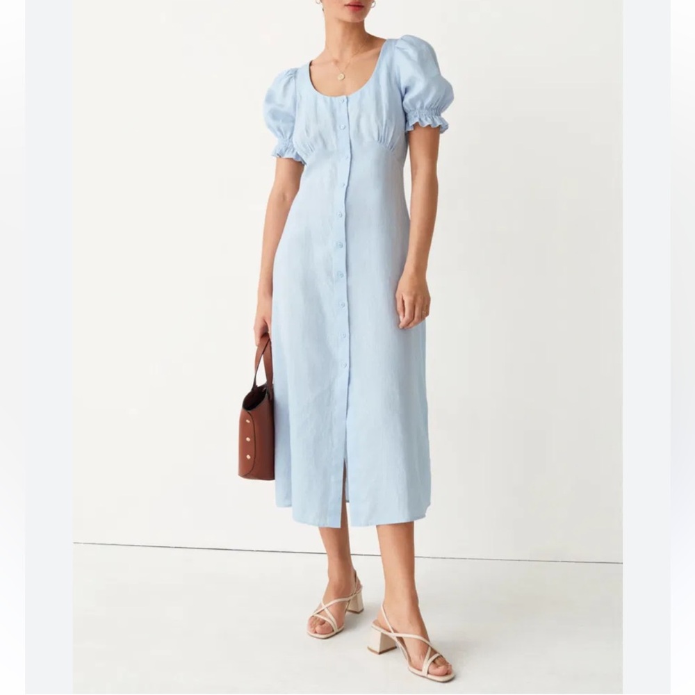 & Other Stories Blue Button Up Midi Dress Baby shower Wedding Guest 100% Linen